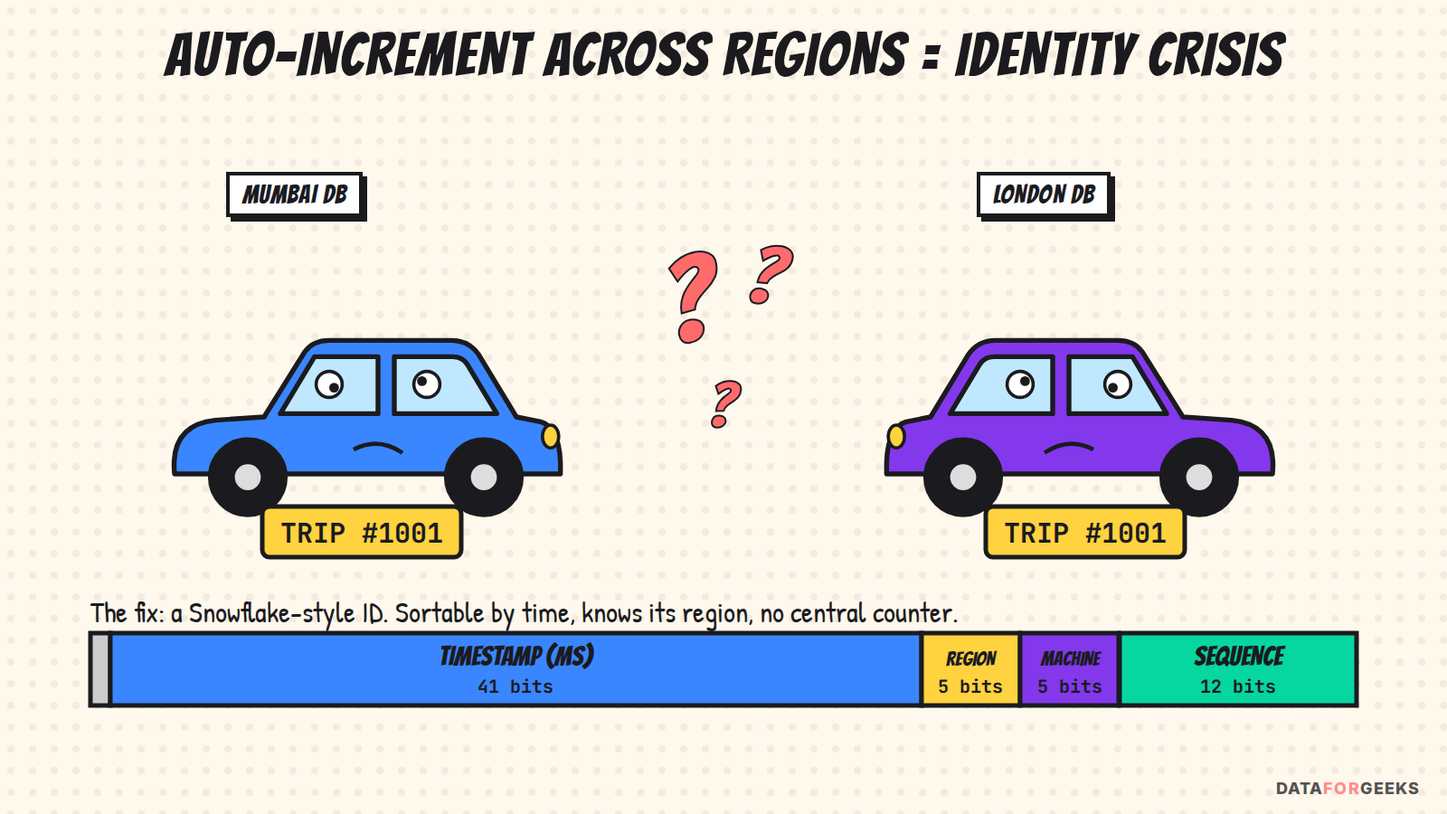 Two confused cars from Mumbai and London databases both labeled TRIP 1001, with the fix: a Snowflake-style 64-bit ID of timestamp, region, machine and sequence bits