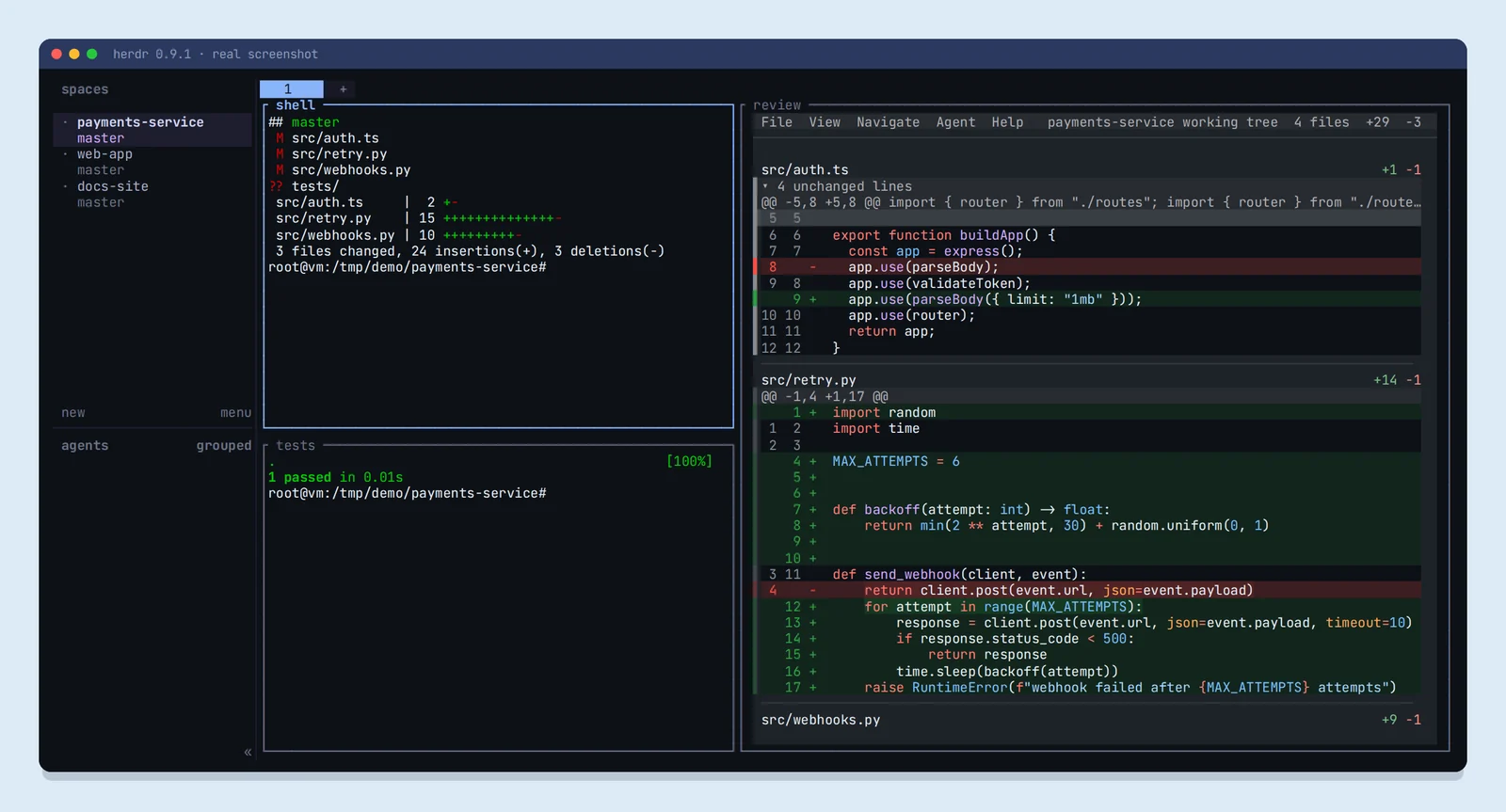 Real Herdr 0.9.1 screenshot: sidebar with three workspaces, a shell pane with git status, a tests pane with pytest passing, and Hunk running in a review pane