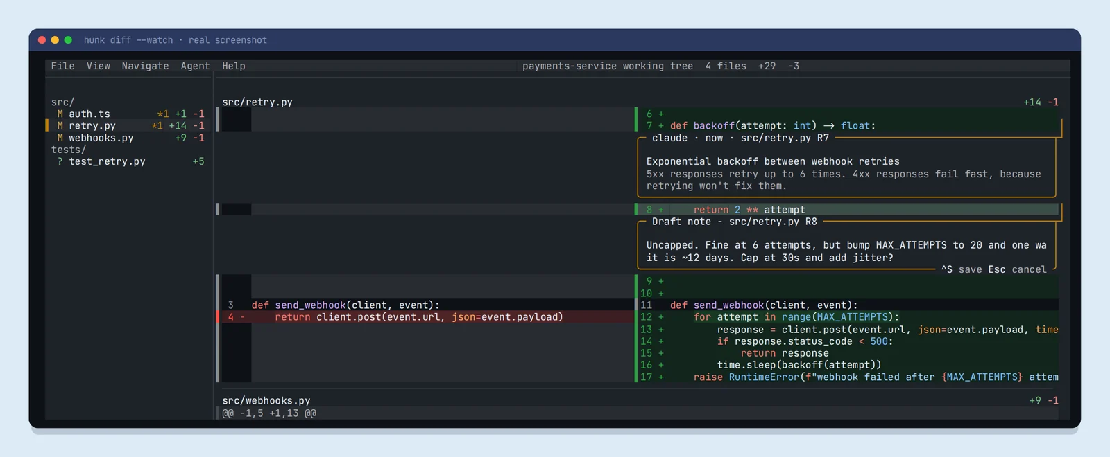 Real Hunk screenshot: a draft note on retry.py line 8 says the backoff is uncapped and asks to cap it at 30 seconds with jitter