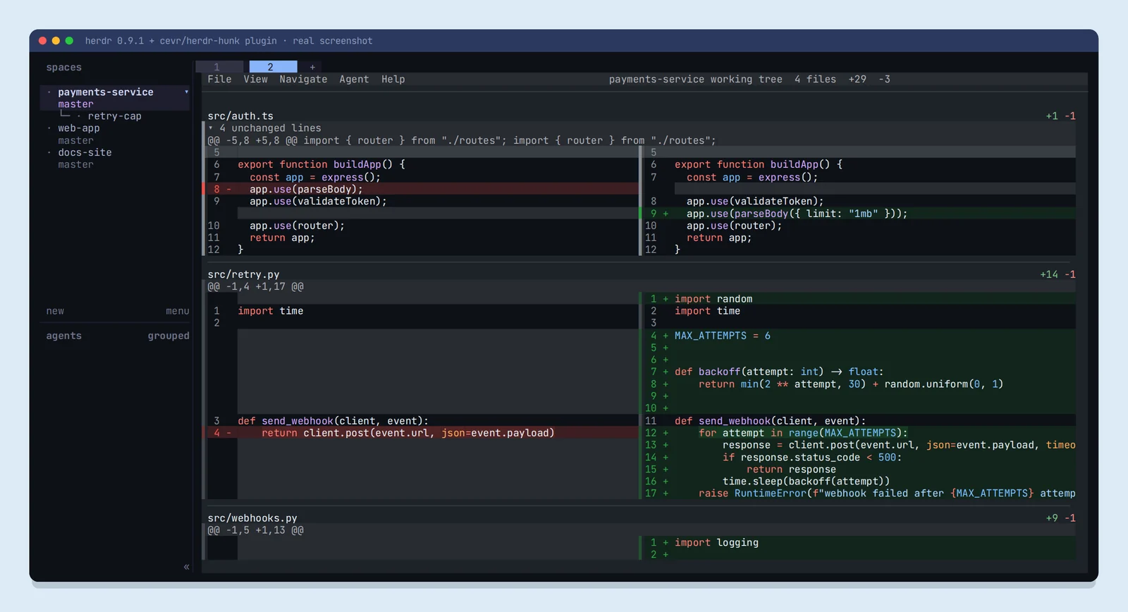 Real Herdr screenshot: the plugin opened Hunk in a new tab 2, and the retry-cap worktree is nested under payments-service in the sidebar