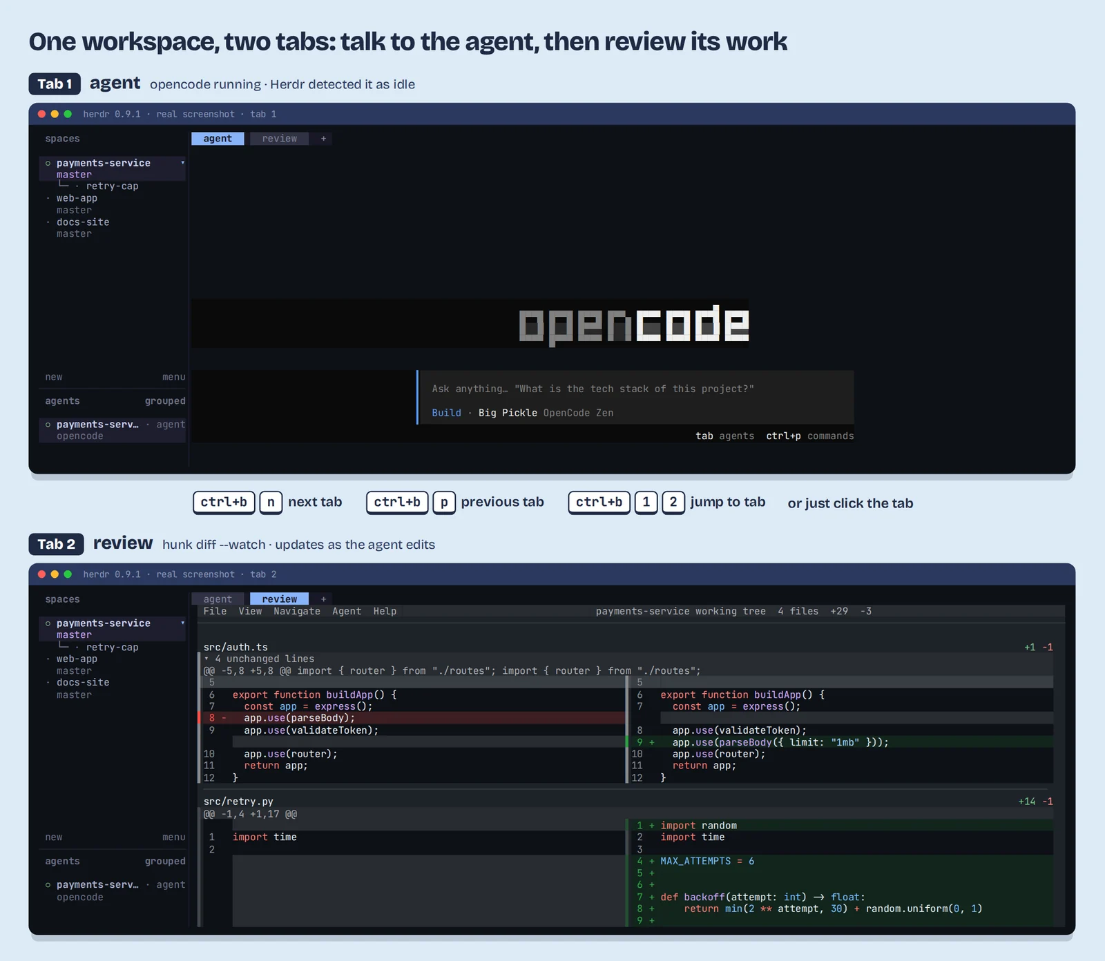 Real Herdr screenshot in two parts: tab 1 named agent runs opencode, detected as idle in the sidebar; tab 2 named review runs hunk diff --watch; keyboard shortcuts for switching tabs sit between them
