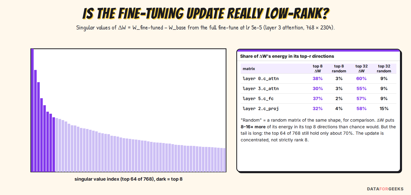 Bar chart of the singular values of the weight change made by full fine-tuning in a DistilGPT-2 attention layer, falling quickly after the first few, with a table showing the top 8 directions hold 30 percent of the change's energy versus 3 percent for a random matrix
